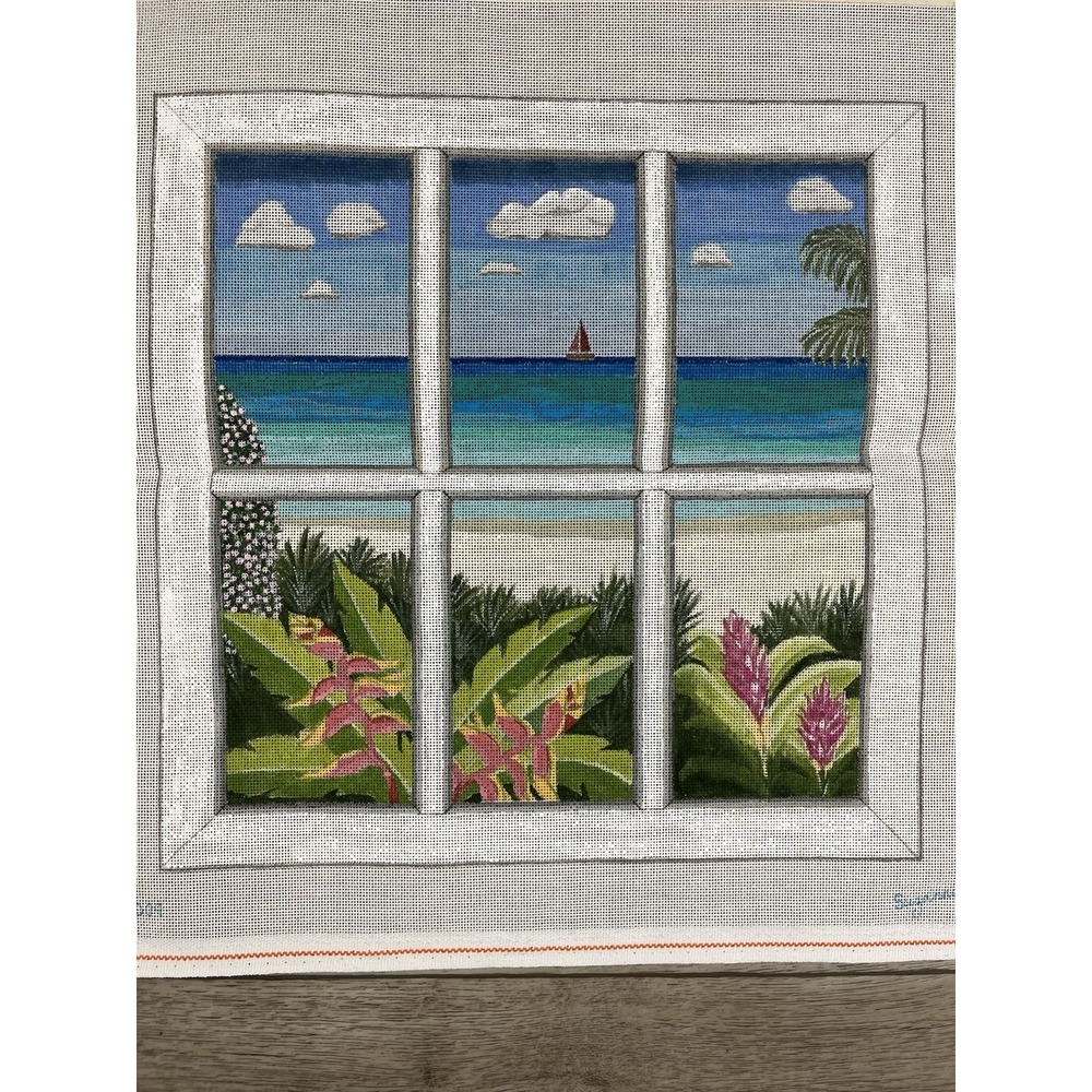 Suzanne Handpainted HP Needlepoint Canvas - Tropical Beach Window View - Picture 2 of 10